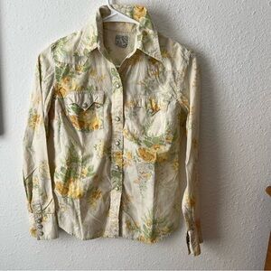 LUCKY brand Vintage Yellow Floral Button-Up Shirt with Western Style Snap Front